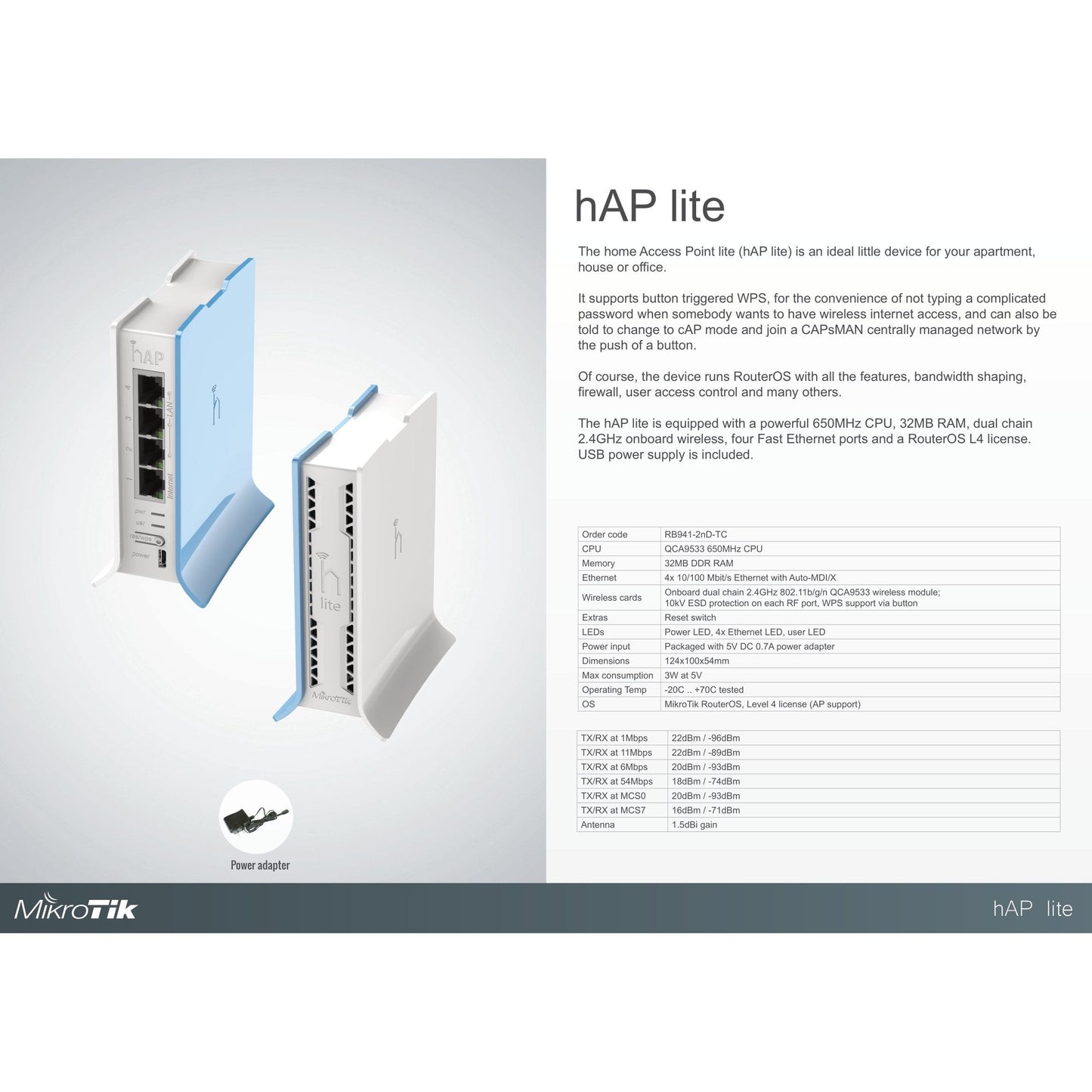 MikroTik hAP Lite Tower 4 Port Ethernet 300Mbps WiFi 4 Router | RB941-2nD-TC