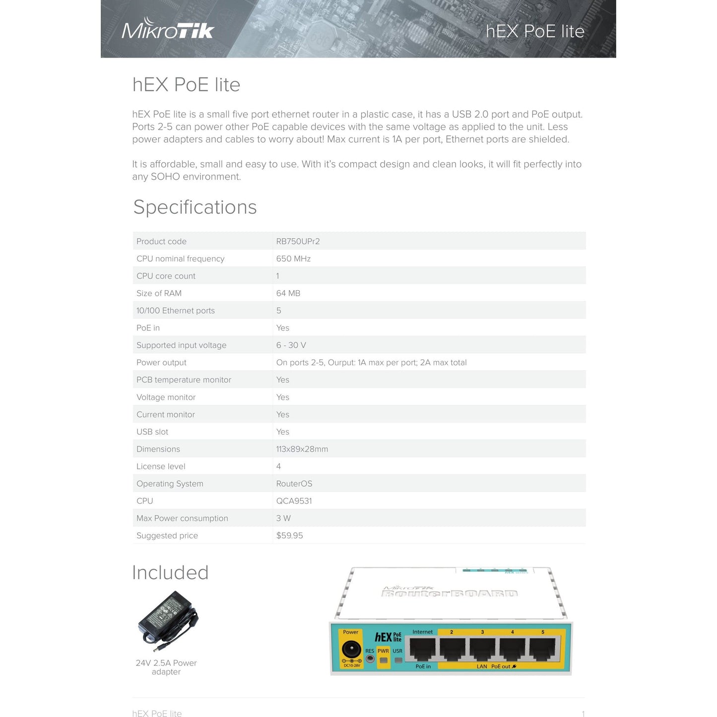 MikroTik hEX PoE Lite 5 Port Ethernet 4 PoE Router | RB750UPr2
