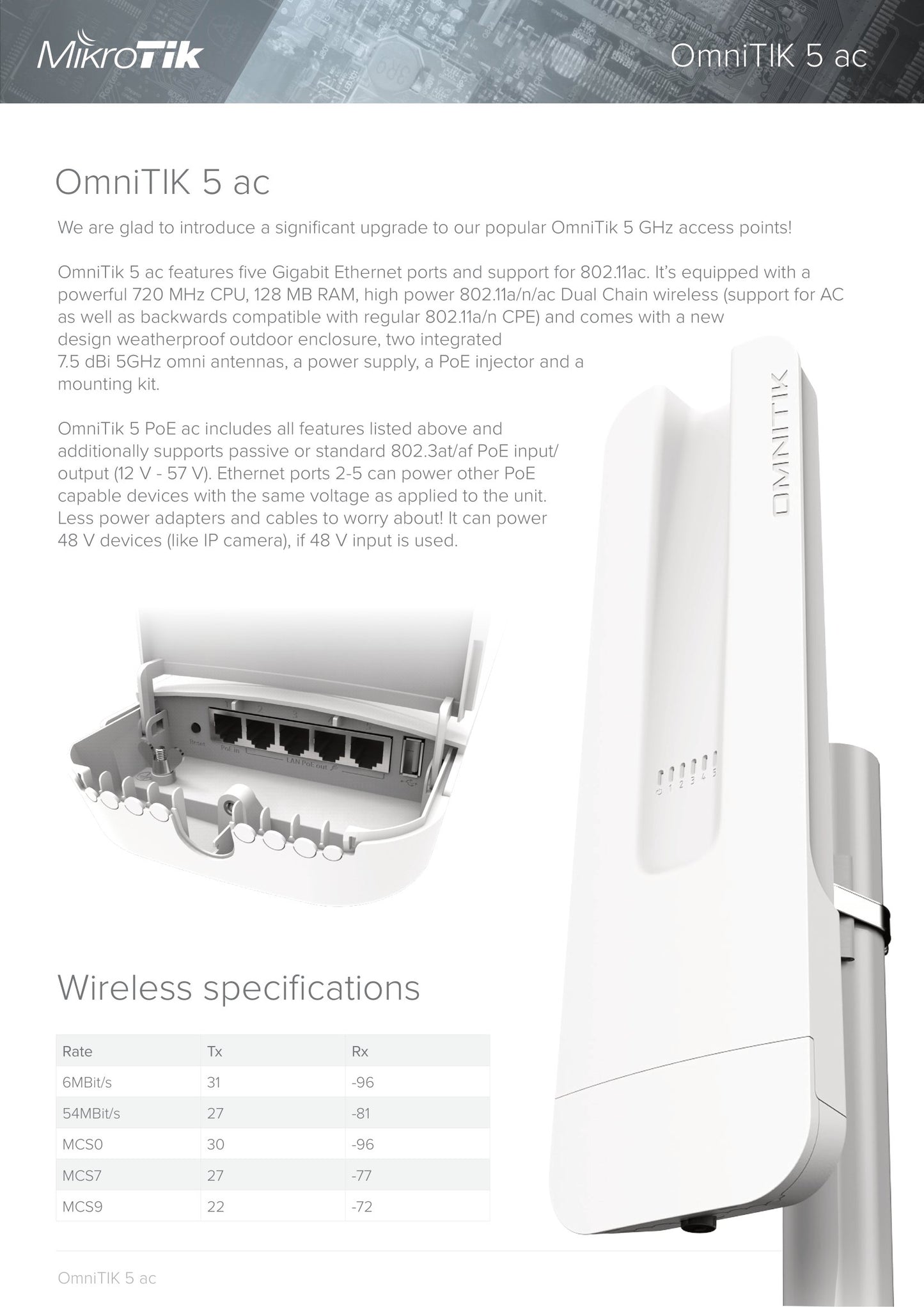 MikroTik OmniTIK 5ac 7.5dBi PoE Outdoor WiFi Omni AP | RBOmniTikPG-5HacD