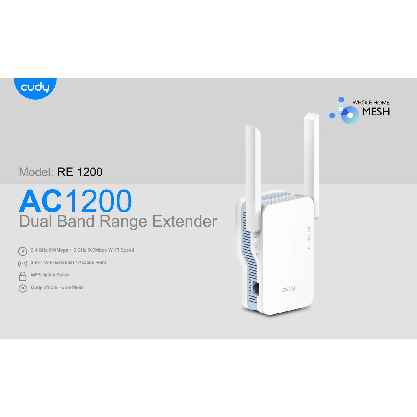 Cudy Dual Band WiFi 5 1200Mbps Fast Ethernet Range Extender | RE1200 (mesh)*
