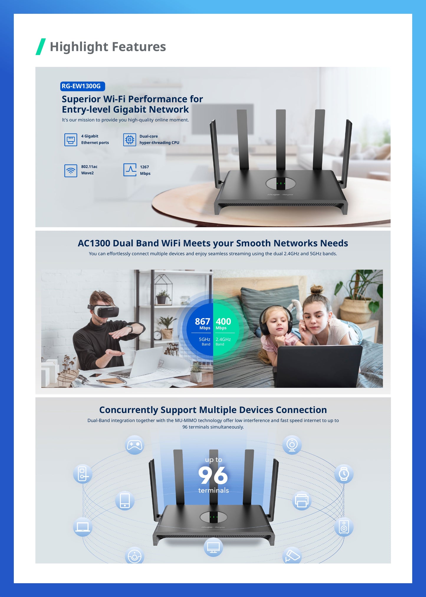Reyee Dual Band AC 1300Mbps Gigabit Mesh Router | RG-EW1300G