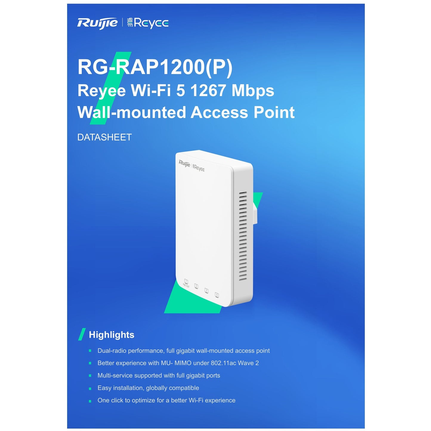 Reyee Dual Band AC 1300Mbps 5 Port Gigabit Mesh In-Wall AP (Access Point)  | RG-RAP1200(P)