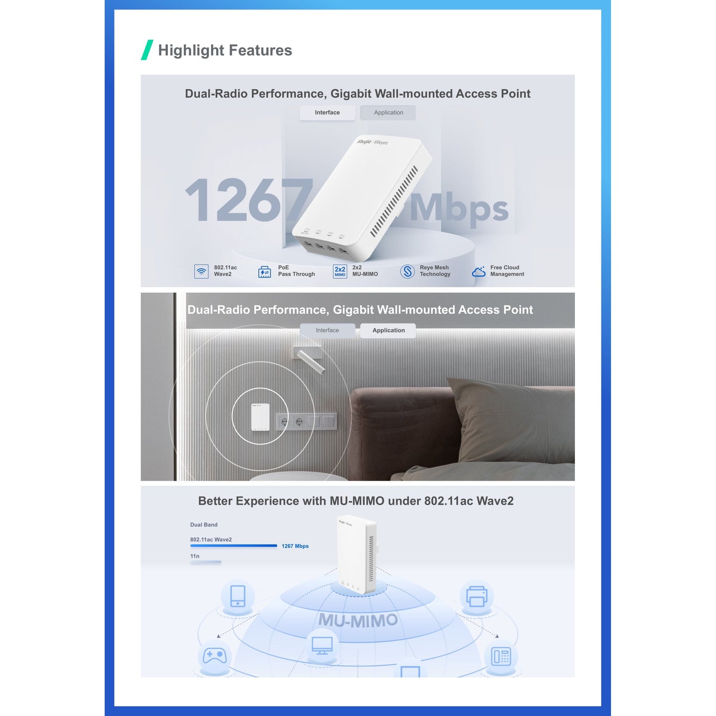 Reyee Dual Band AC 1300Mbps 5 Port Gigabit Mesh In-Wall AP (Access Point) | RG-RAP1200(P)