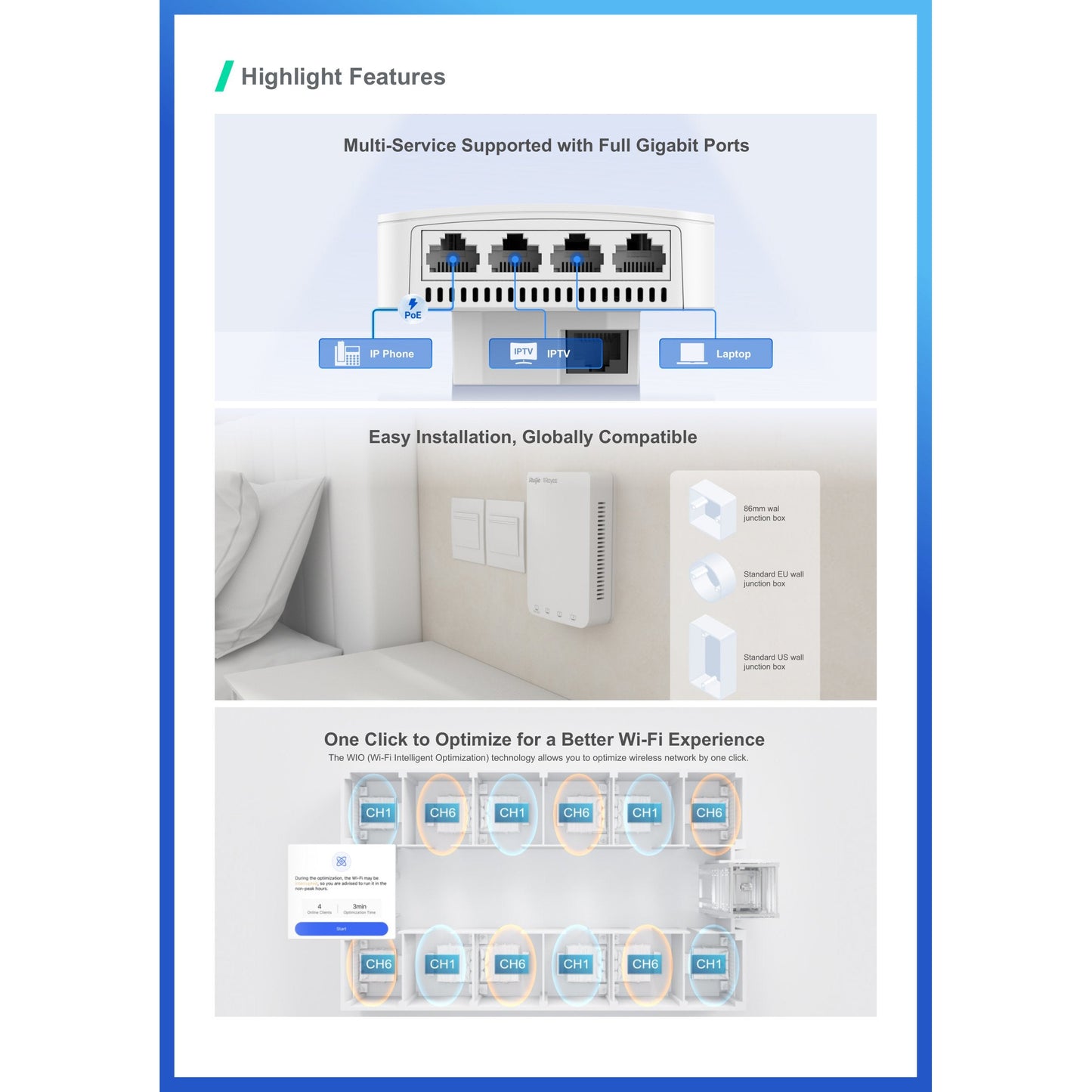 Reyee Dual Band AC 1300Mbps 5 Port Gigabit Mesh In-Wall AP (Access Point) | RG-RAP1200(P)