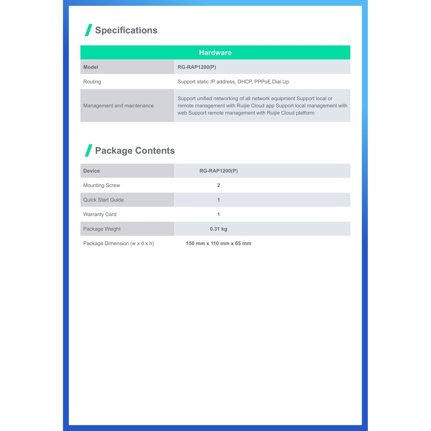 Reyee Dual Band AC 1300Mbps 5 Port Gigabit Mesh In-Wall AP (Access Point) | RG-RAP1200(P)