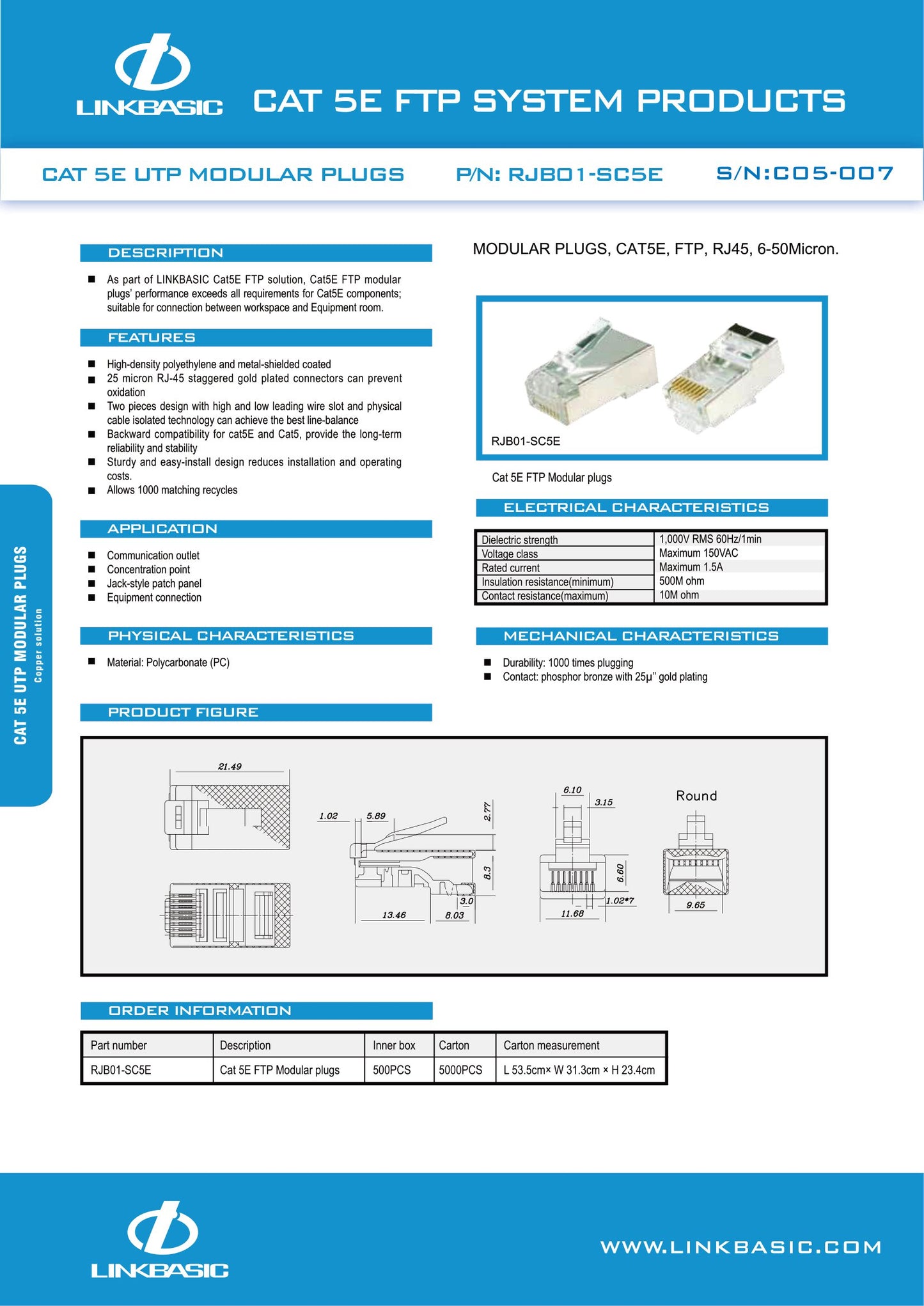Linkbasic RJ45 Cat5e Shielded FTP Modular Plug. (Termination) x 50 plugs.