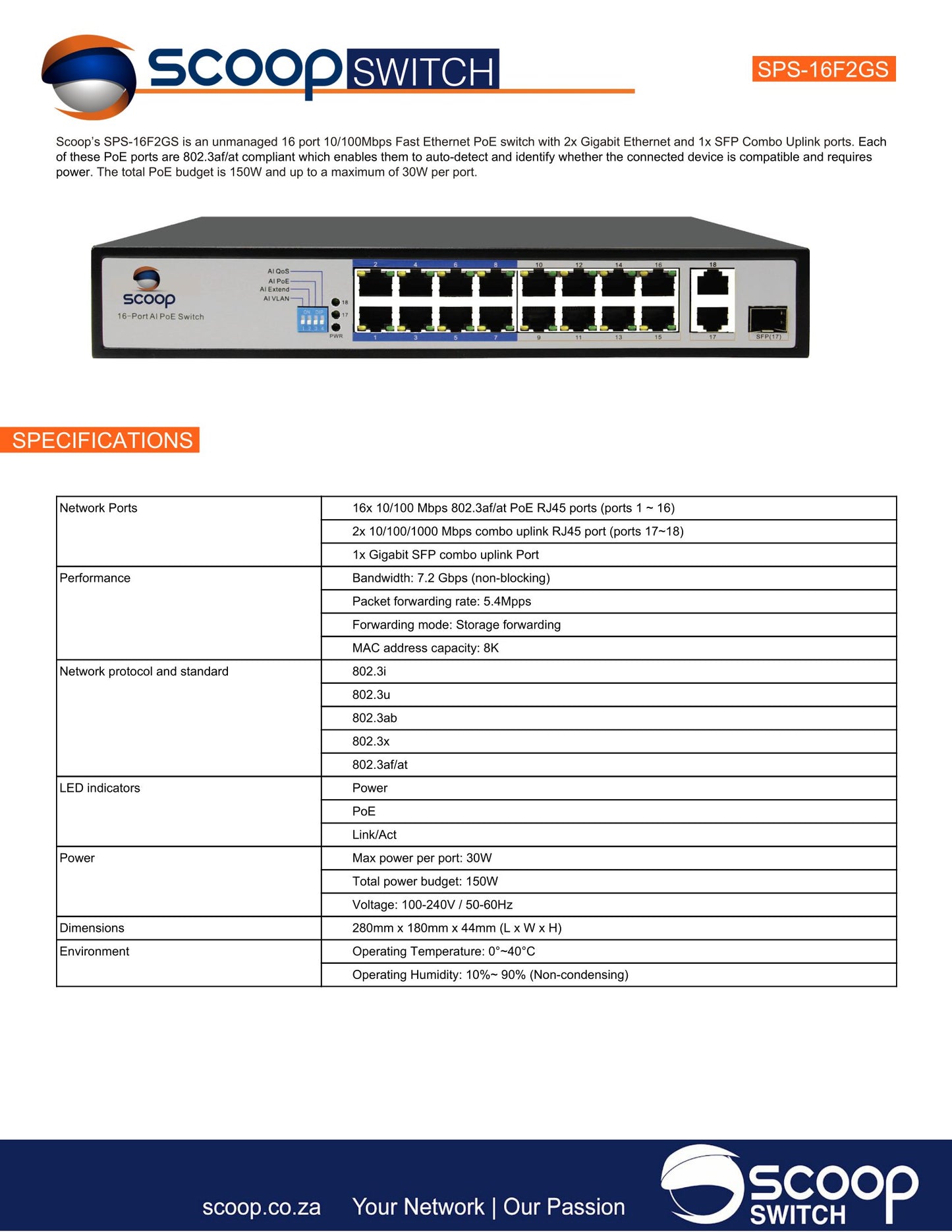 Scoop 16 Port Fast Ethernet AI PoE 150W 2 Gigabit 1SFP Switch