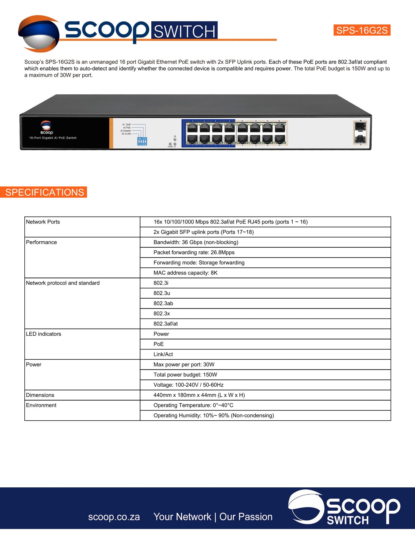 Scoop 16 Port Gigabit AI PoE 150W 2SFP Switch