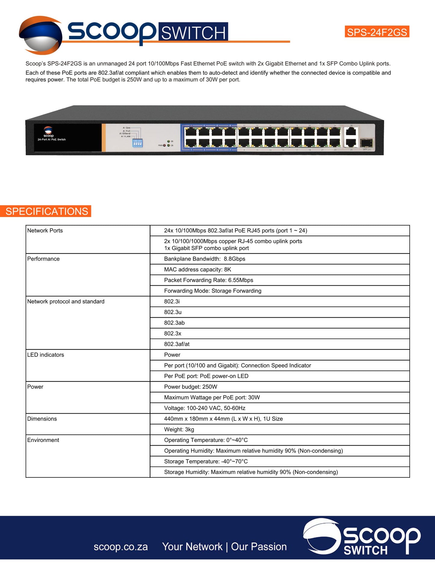 Scoop 24 Port Fast Ethernet AI PoE 250W 2 Gigabit 1SFP Switch