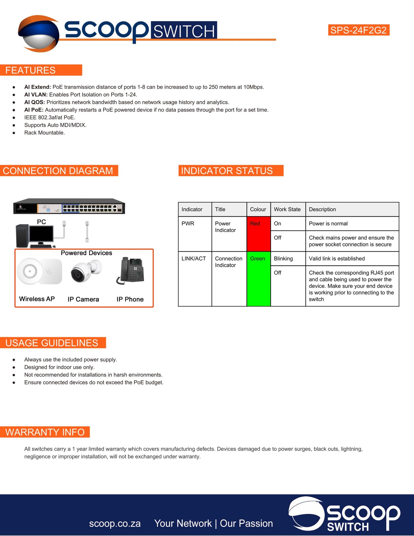 Scoop 24 Port Fast Ethernet AI PoE 250W 2 Gigabit 1SFP Switch