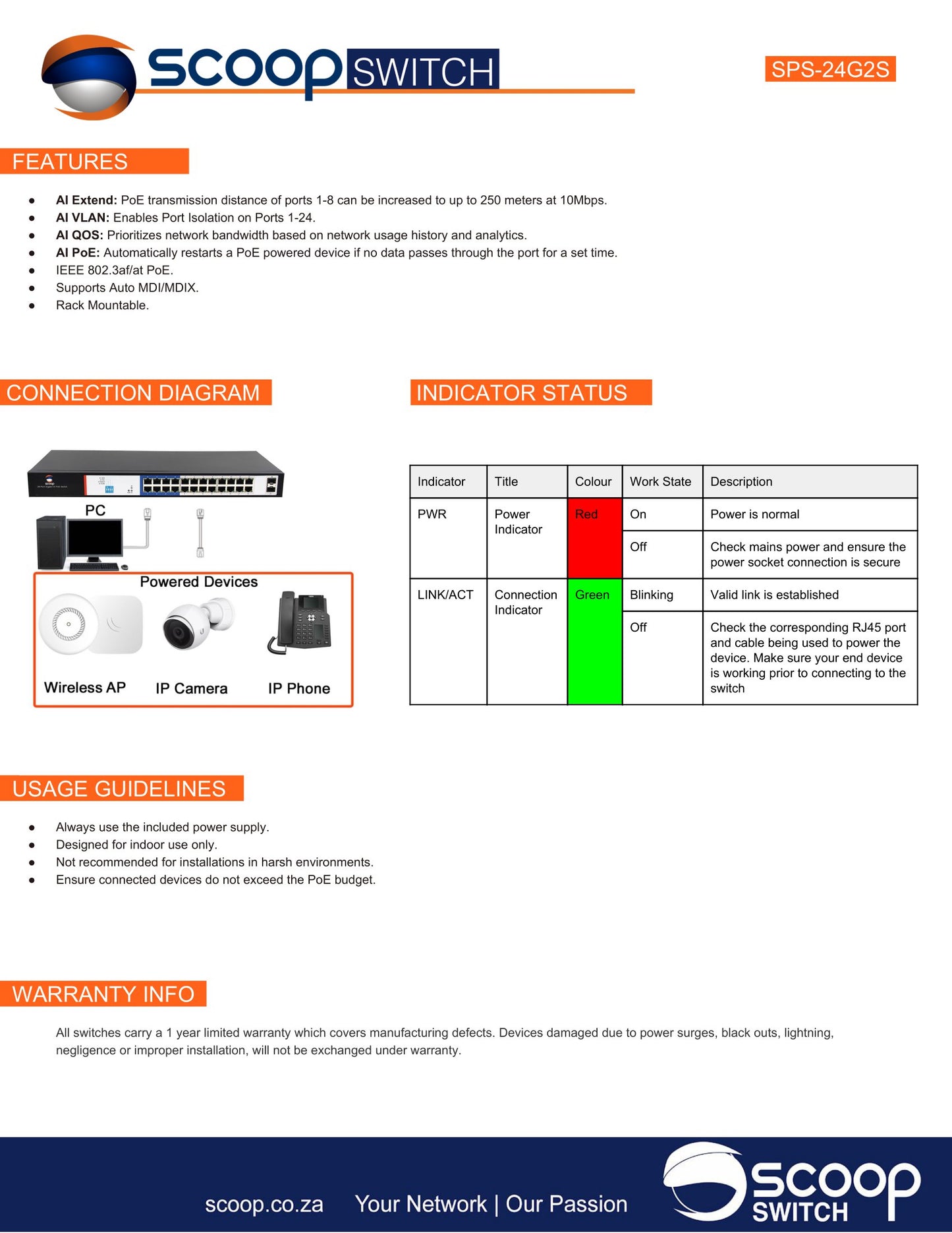Scoop 24 Port Gigabit AI PoE 250W 2SFP Switch