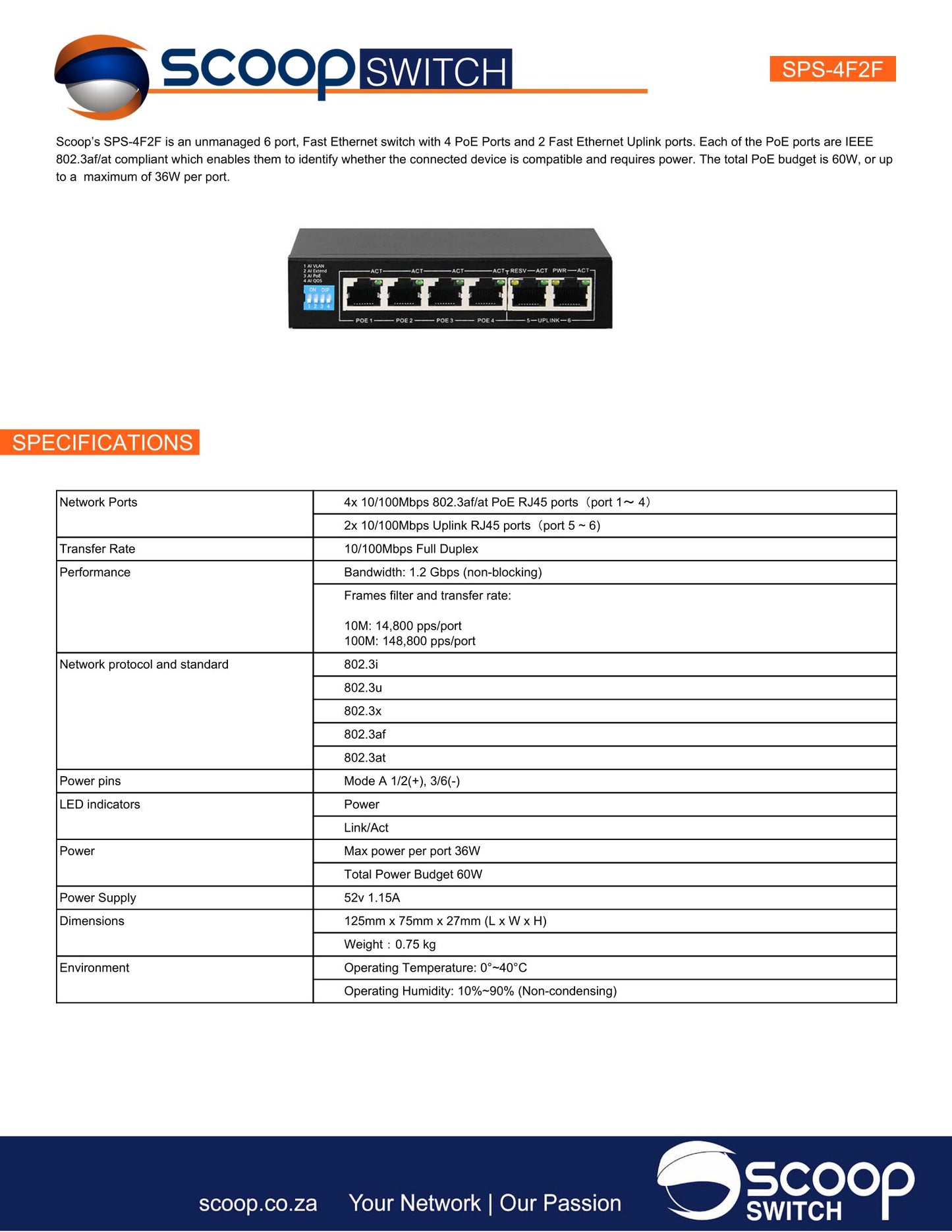 Scoop 6 Port Fast Ethernet 4 AI PoE 60W Switch