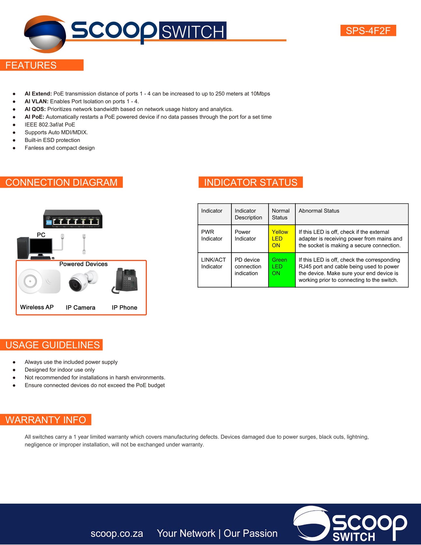 Scoop 6 Port Fast Ethernet 4 AI PoE 60W Switch