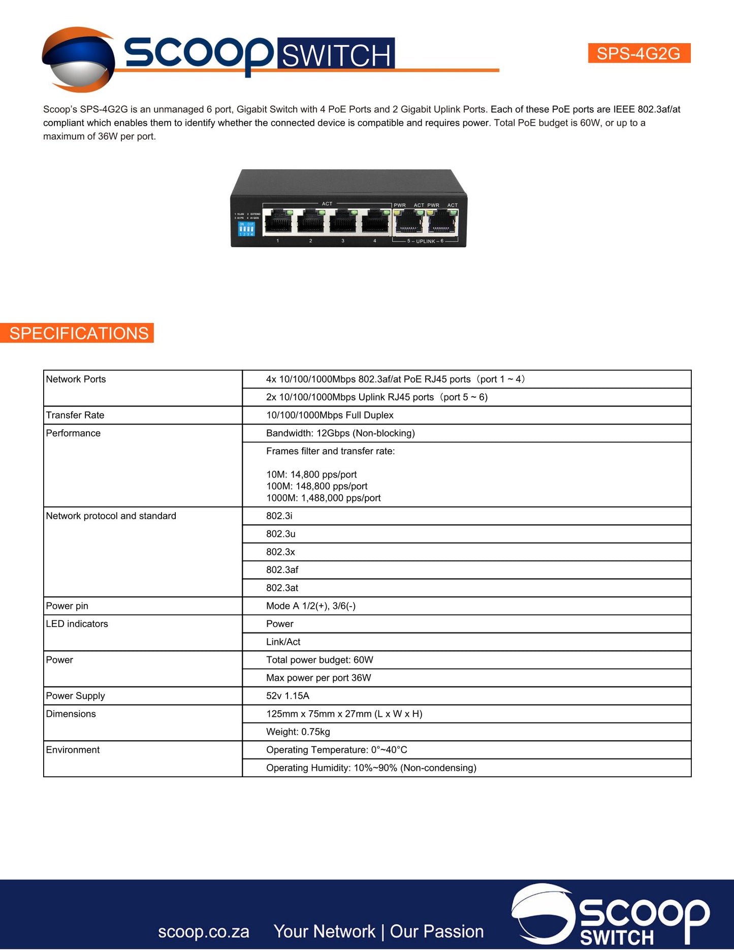 Scoop 6 Port Gigabit 4 AI PoE 60W Switch