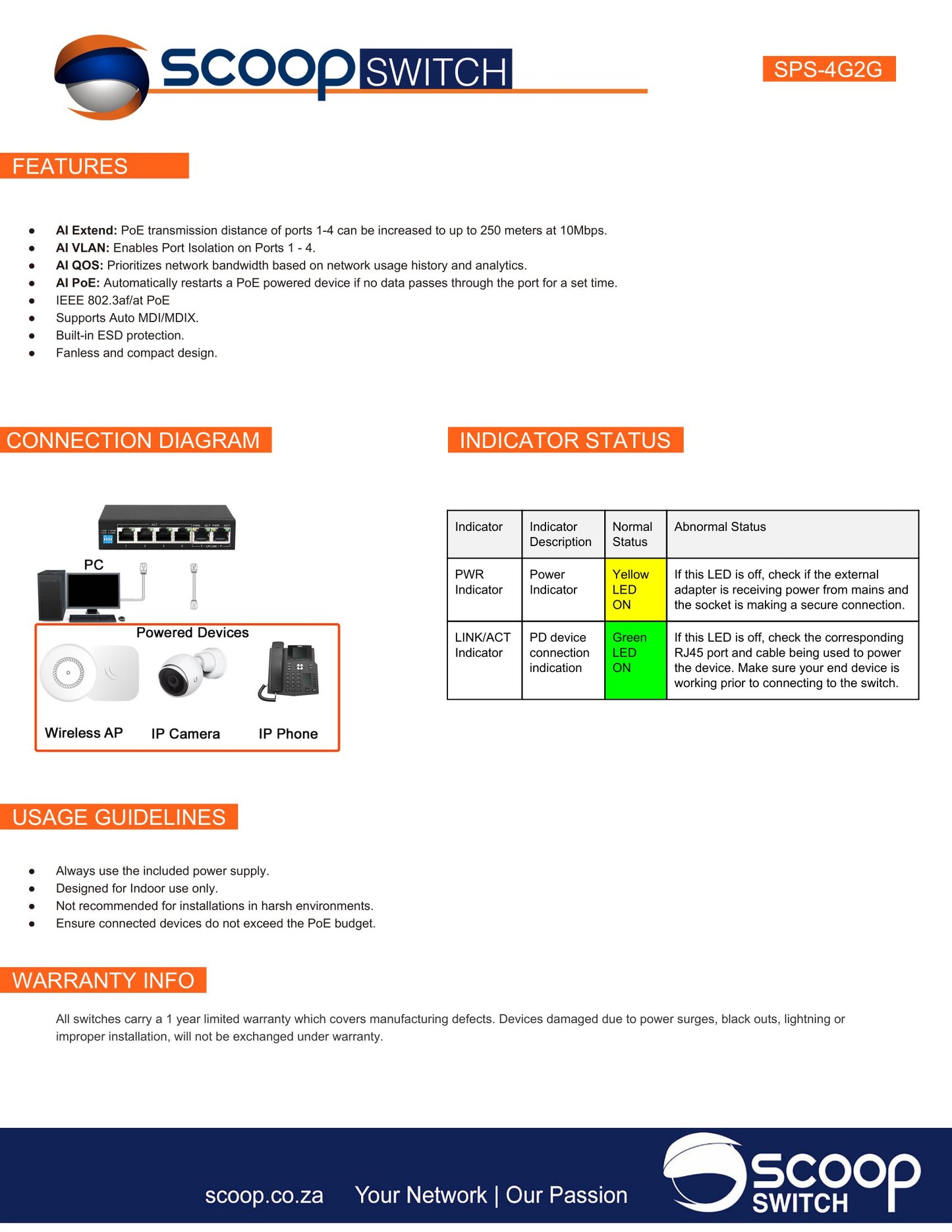 Scoop 6 Port Gigabit 4 AI PoE 60W Switch