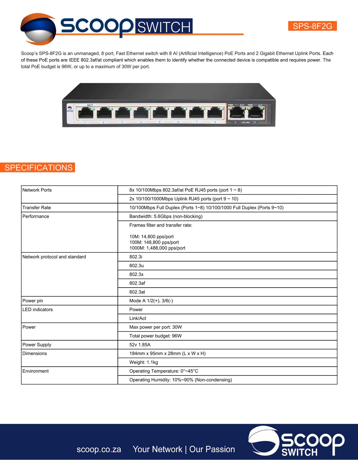 Scoop 8 Port Fast Ethernet AI PoE 96W 2 Gigabit Switch