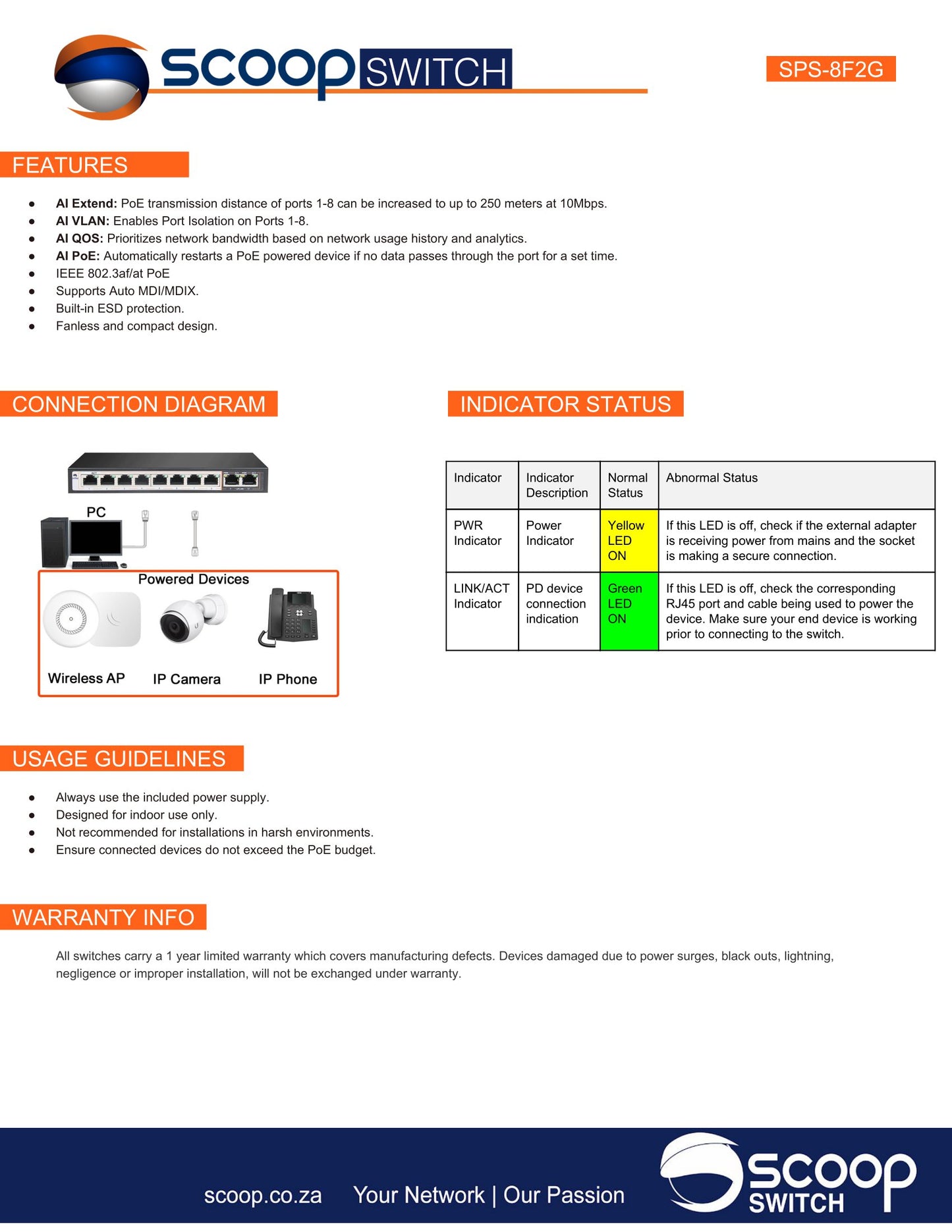 Scoop 8 Port Fast Ethernet AI PoE 96W 2 Gigabit Switch