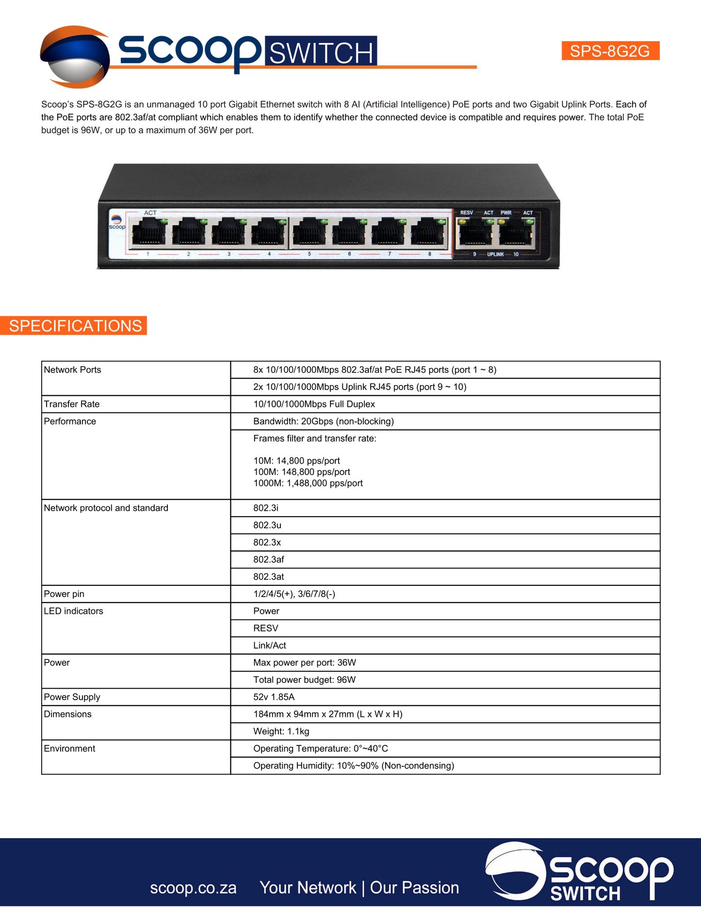 Scoop 10 Port Gigabit 8 AI PoE 96W Switch
