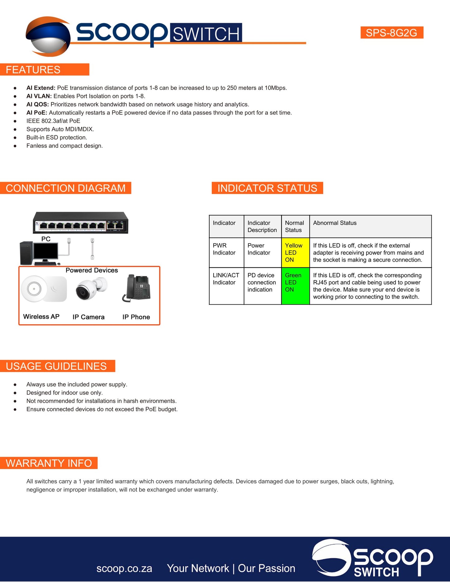 Scoop 10 Port Gigabit 8 AI PoE 96W Switch