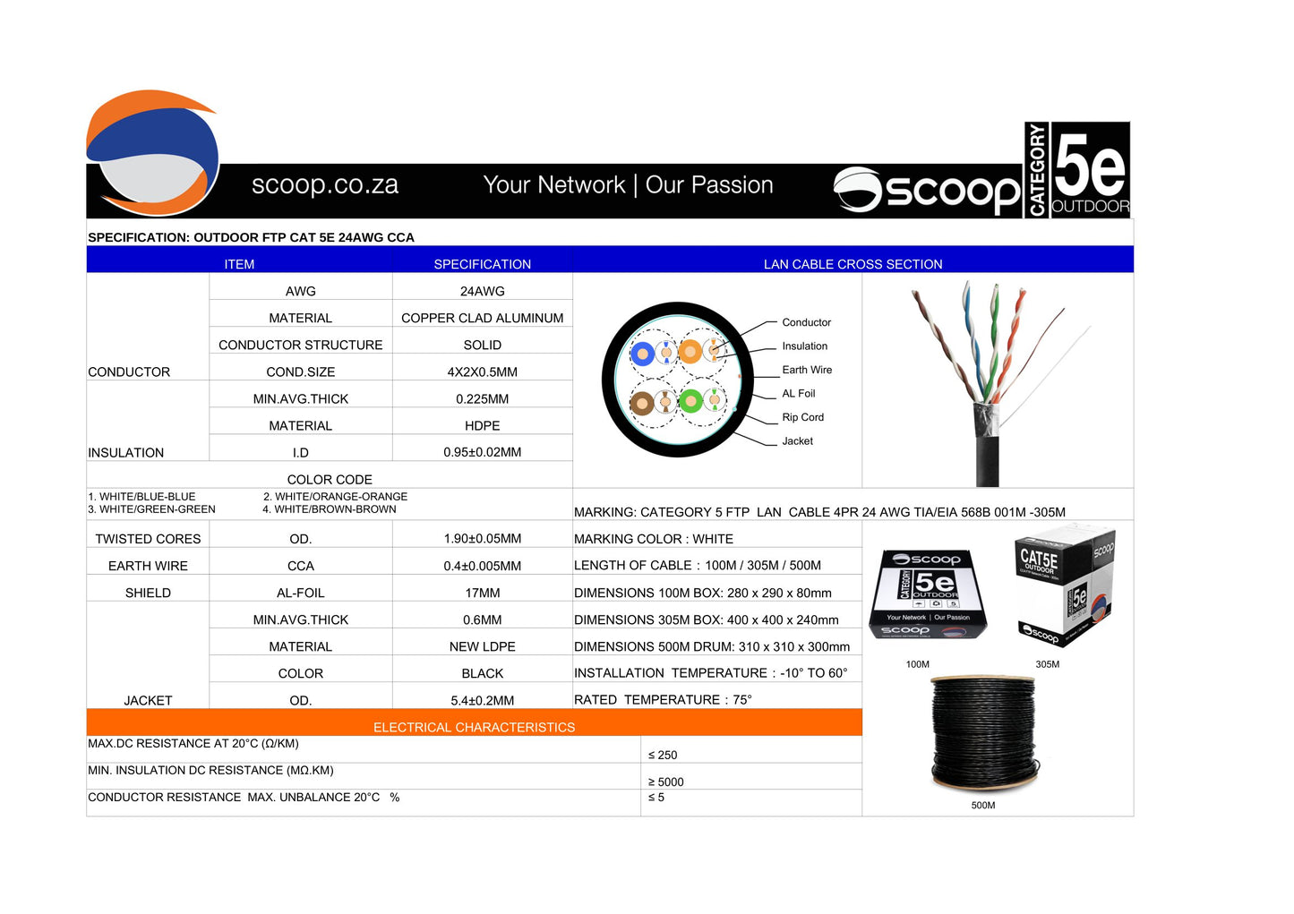 Scoop 305m Box Cat5e Outdoor FTP CCA Cable