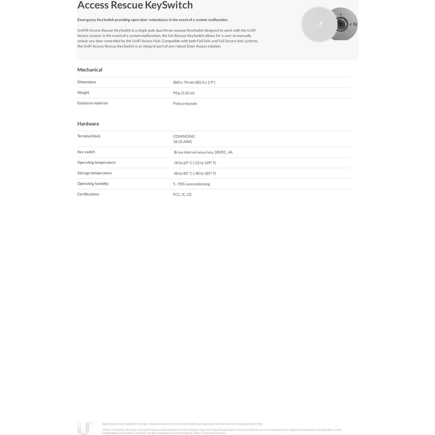 Ubiquiti UniFi Access Rescue Manual Key Switch | UA-RESCUE