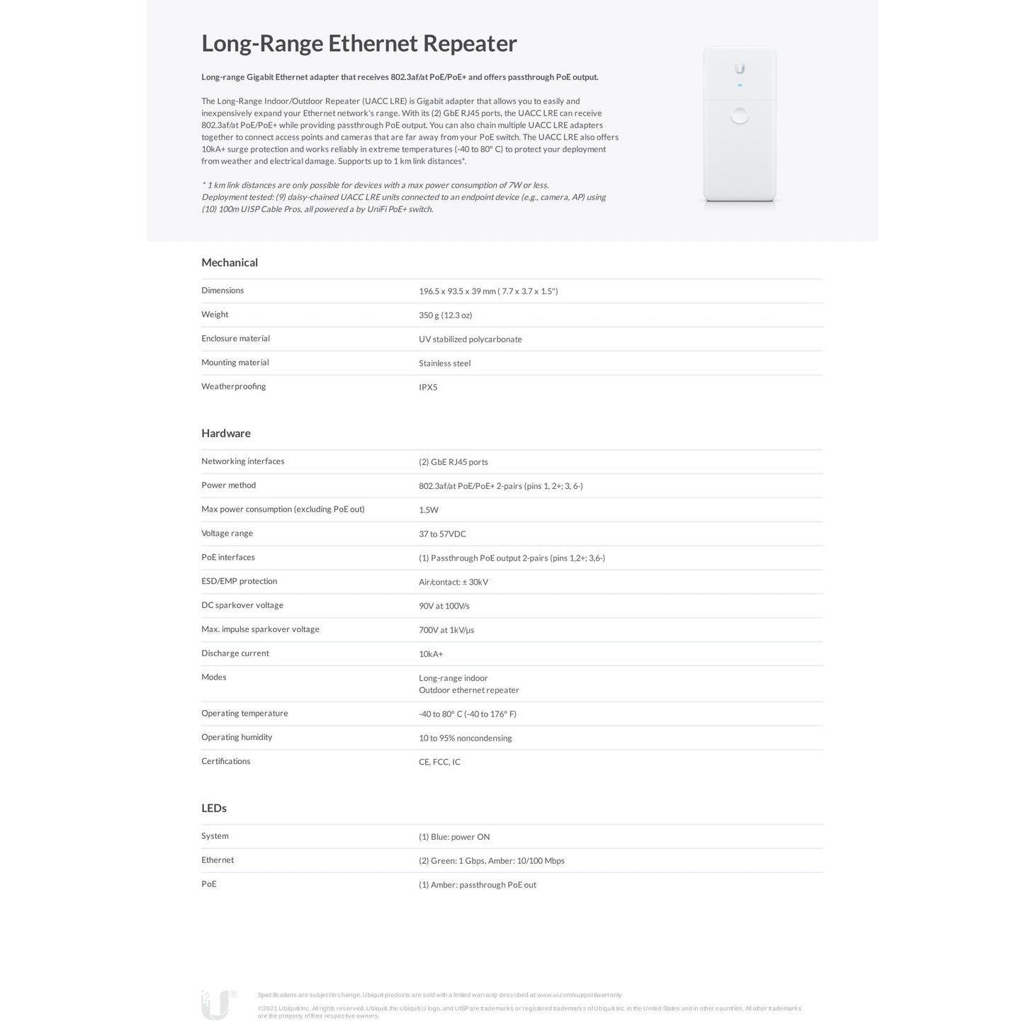 Ubiquiti Long Range PoE Repeater and Surge Protector | UACC-LRE