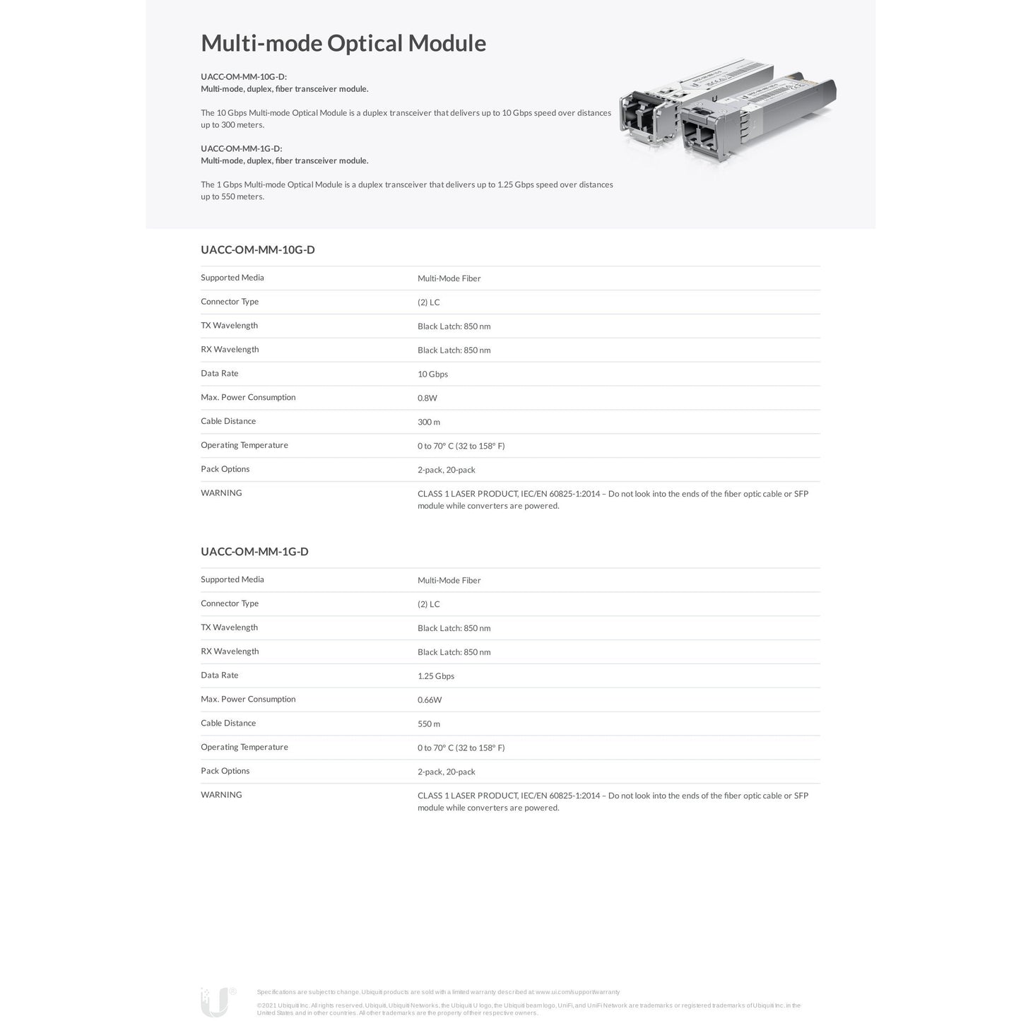 Ubiquiti Multi Mode 10G LC SFP+ 850nm 300m | UACC-OM-MM-10G-D-2