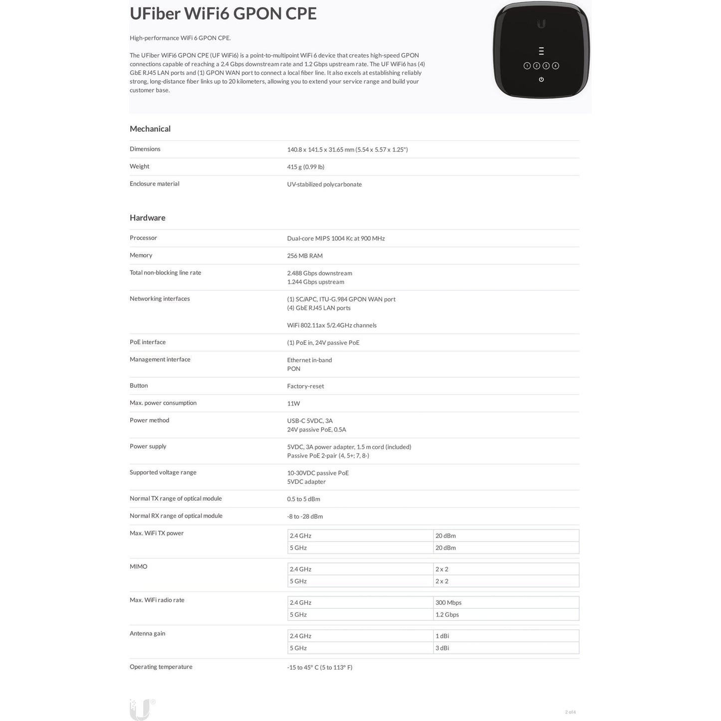 Ubiquiti UISP Fiber WiFi 6 GPON CPE with 4 Gigabit Ports | UF-WIFI6