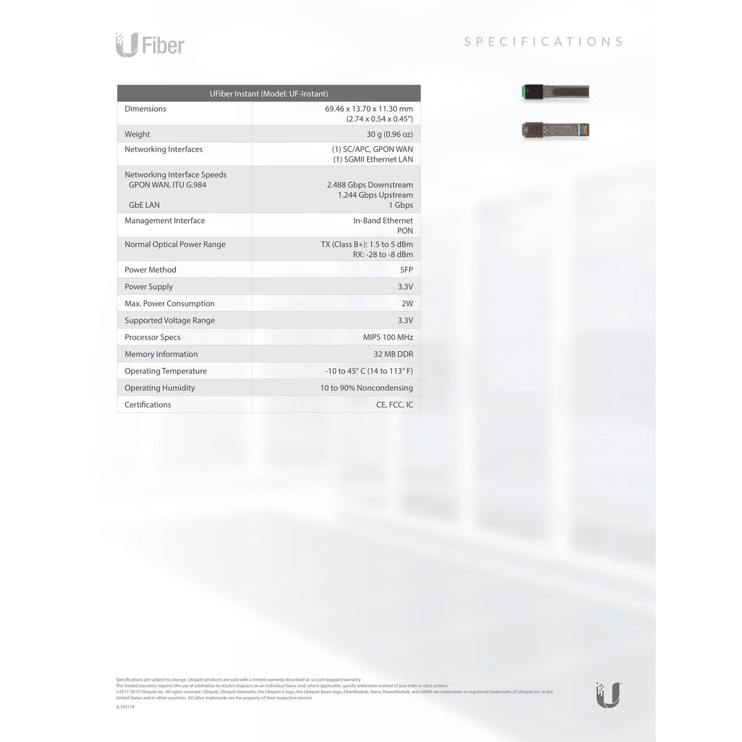 Ubiquiti GPON C+ SC/UPC 20km SFP Module | UF-GP-C+