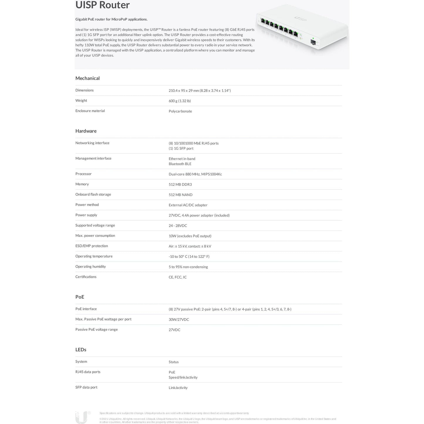 Ubiquiti UISP Router 8 Port Gigabit PoE 110W 1SFP | UISP-R