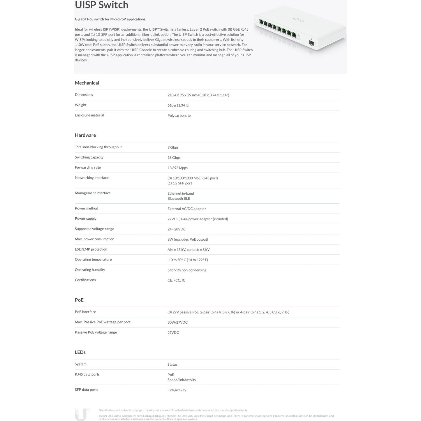 Ubiquiti UISP Switch 8 Port Gigabit PoE 110W 1SFP | UISP-S