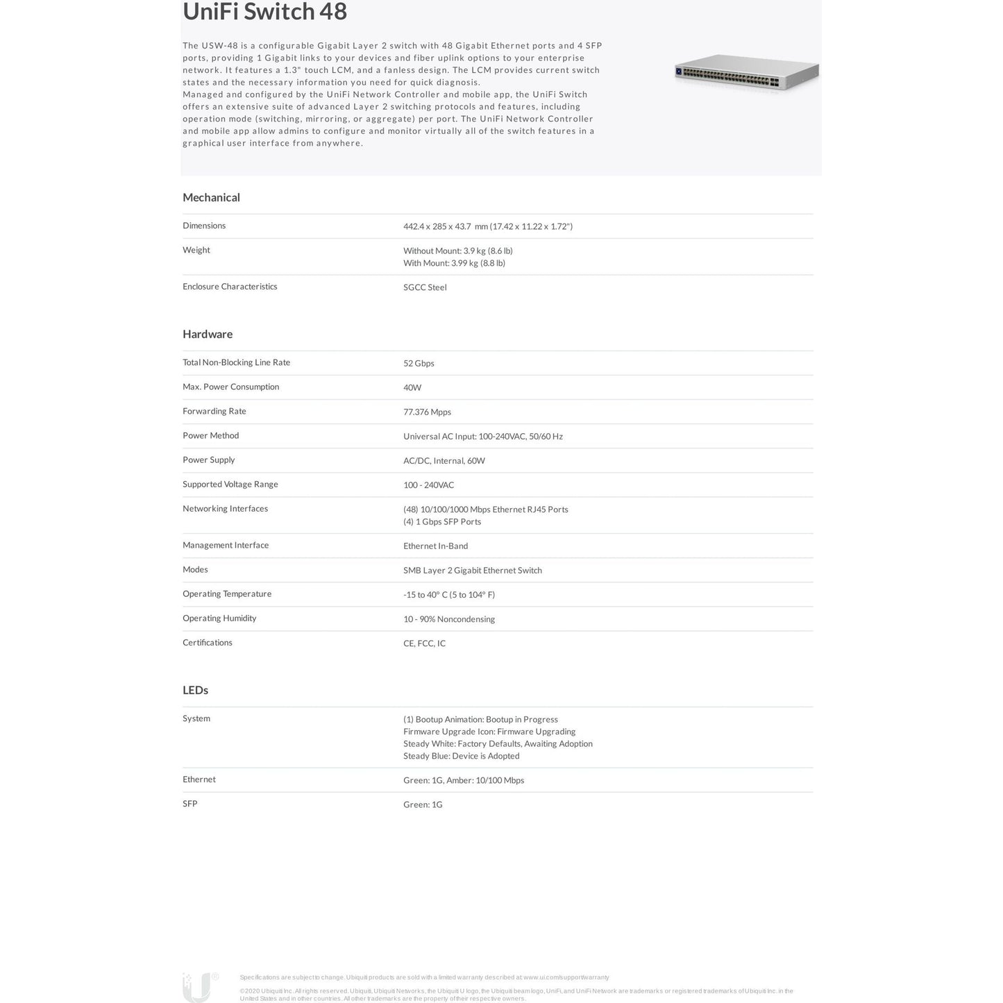 Ubiquiti UniFi Switch 48 Port Gigabit 4SFP | USW-48