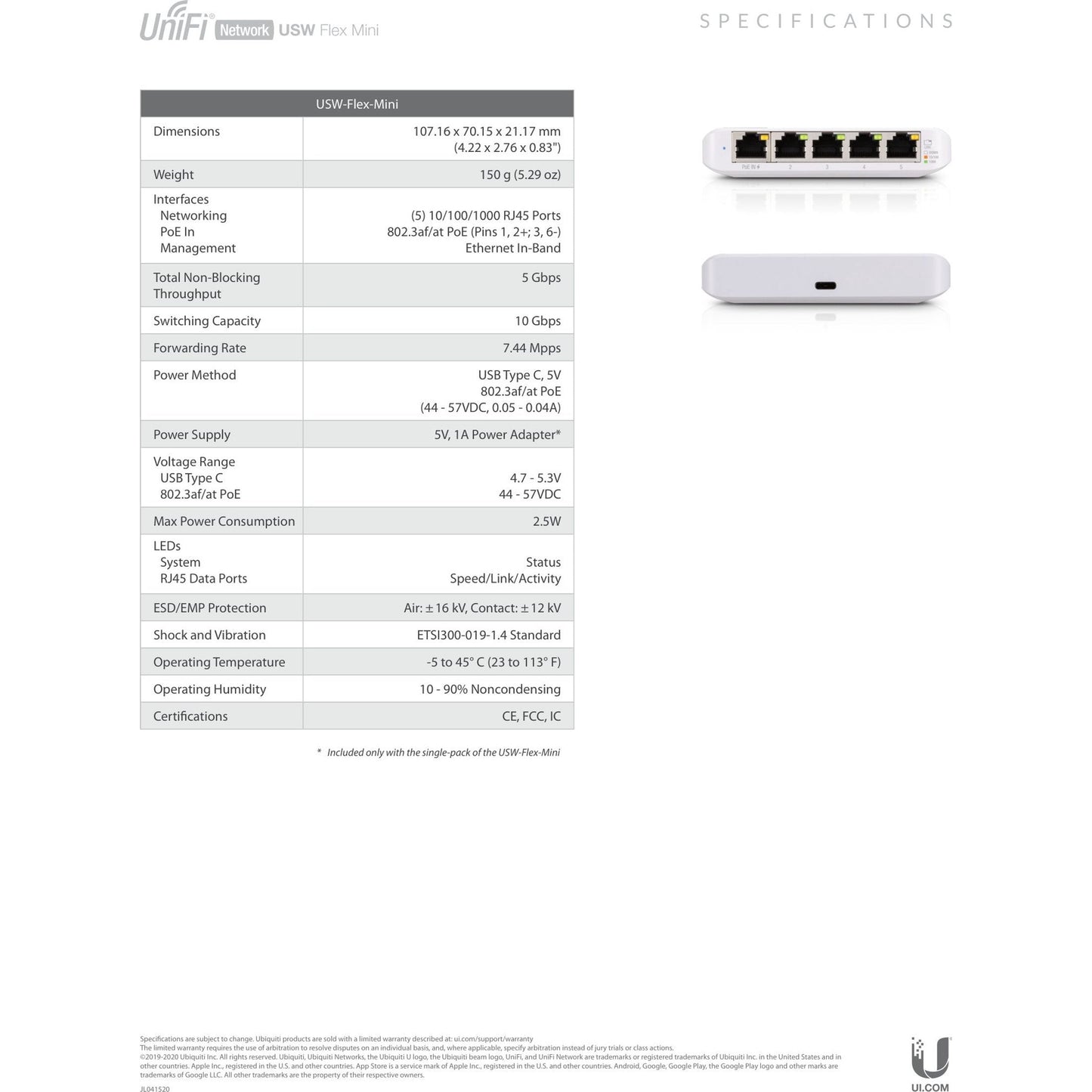 Ubiquiti UniFi Flex Mini 5 Port Gigabit 1PoE Input | USW-Flex-MINI