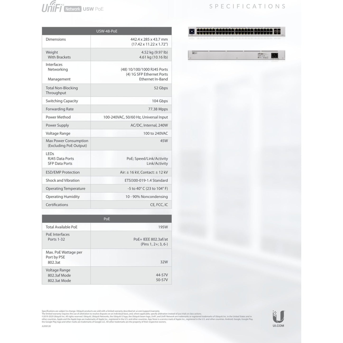 Ubiquiti UniFi Switch 16 Port Gigabit 8PoE 42W 2SFP | USW-16-POE
