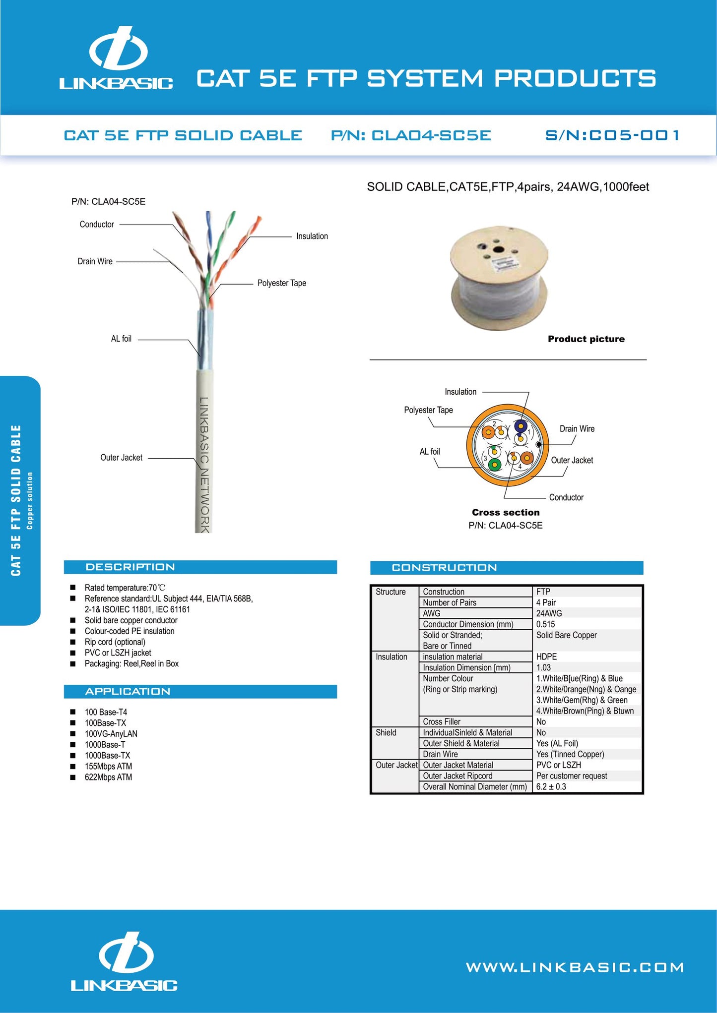 Linkbasic 305M Drum Cat5e Solid Shielded Grey FTP Network Cable