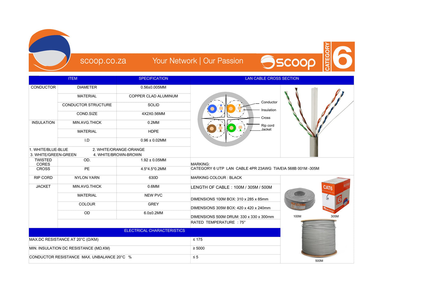 Scoop 305m Box Cat6 CCA Grey UTP Cable