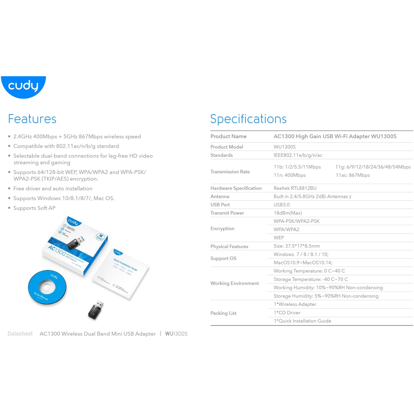 Cudy Dual Band WiFi 5 1300Mbps USB 3.0 Adapter | WU1300S