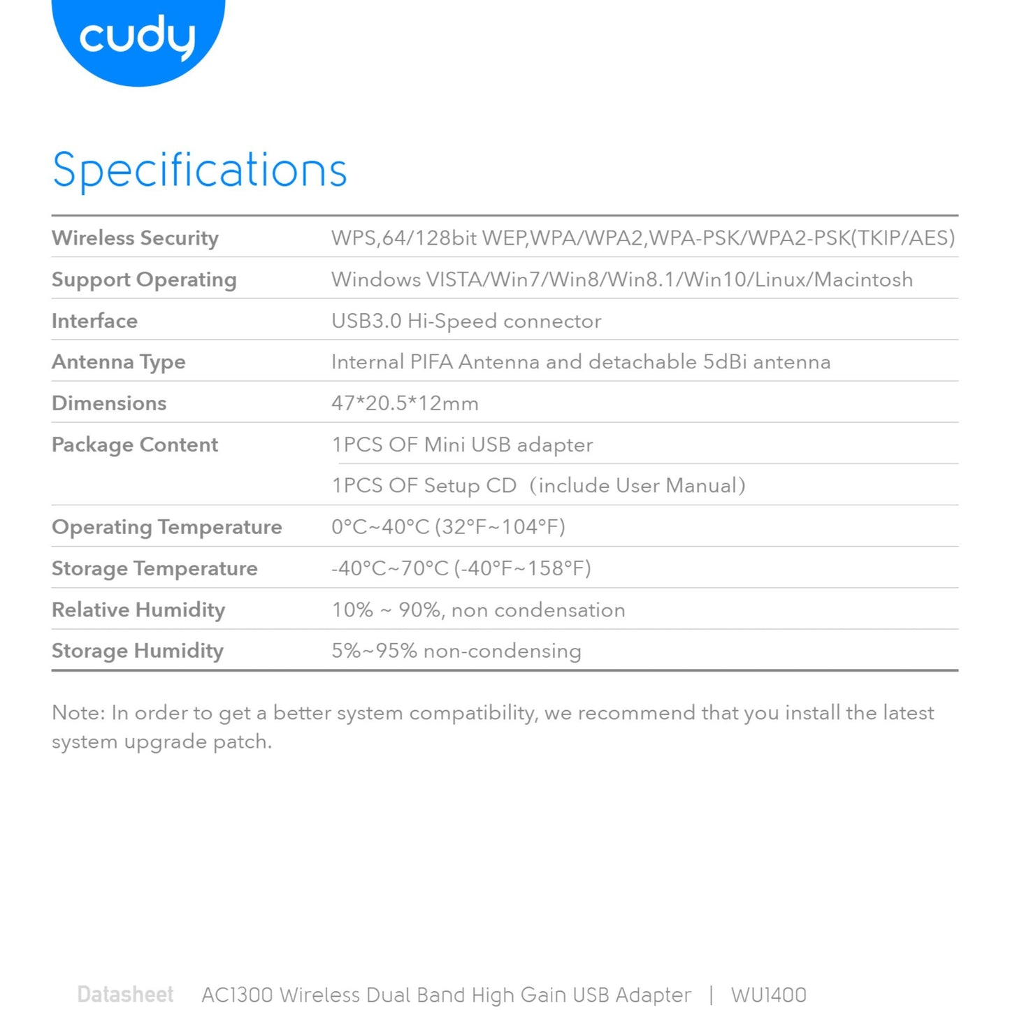 Cudy Dual Band WiFi 5 1300Mbps 5dBi USB 3.0 Adapter | WU1400