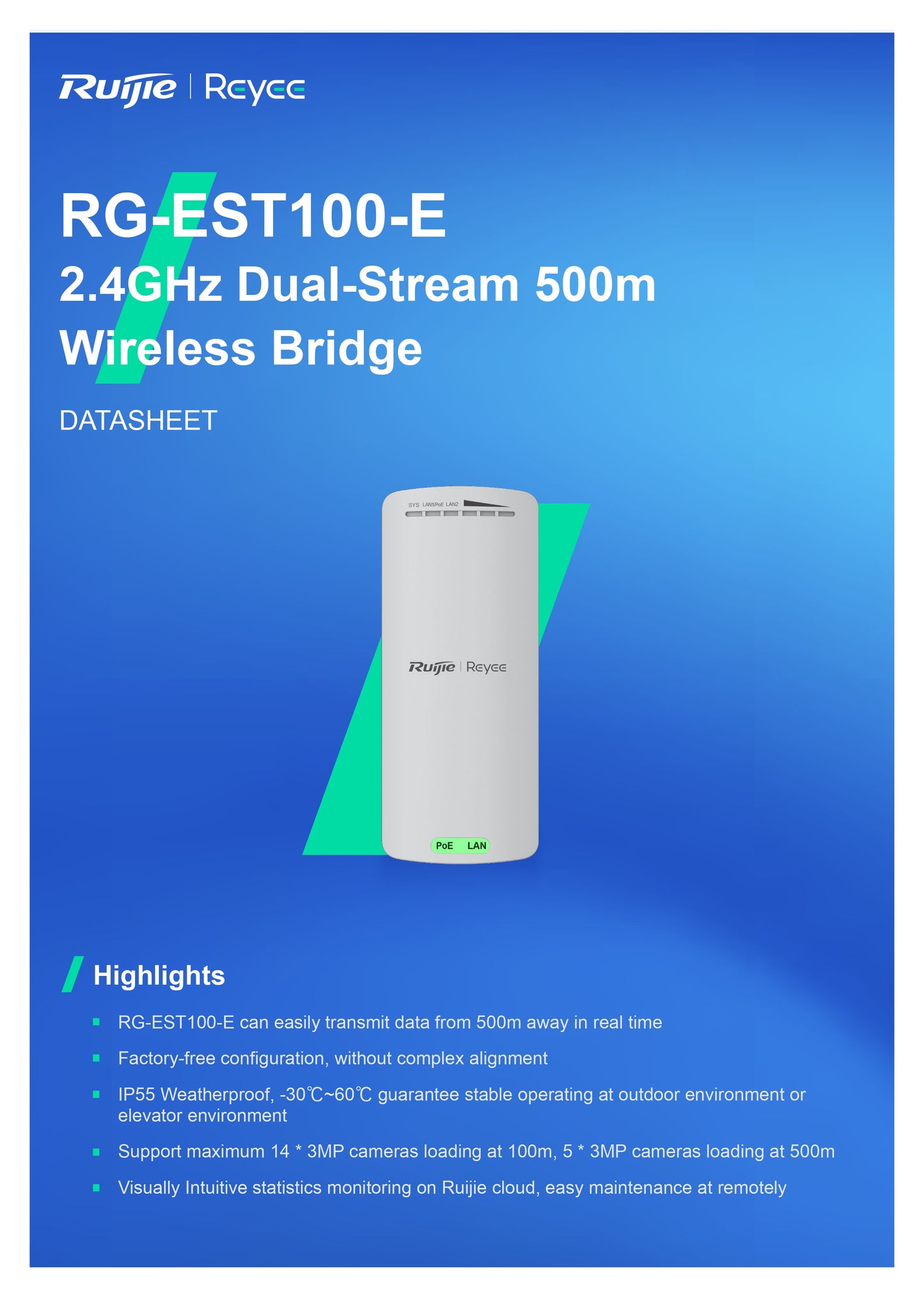 Reyee 2.4GHz 300Mbps 8dBi 70° Pre-Paired Kit | RG-EST100-E