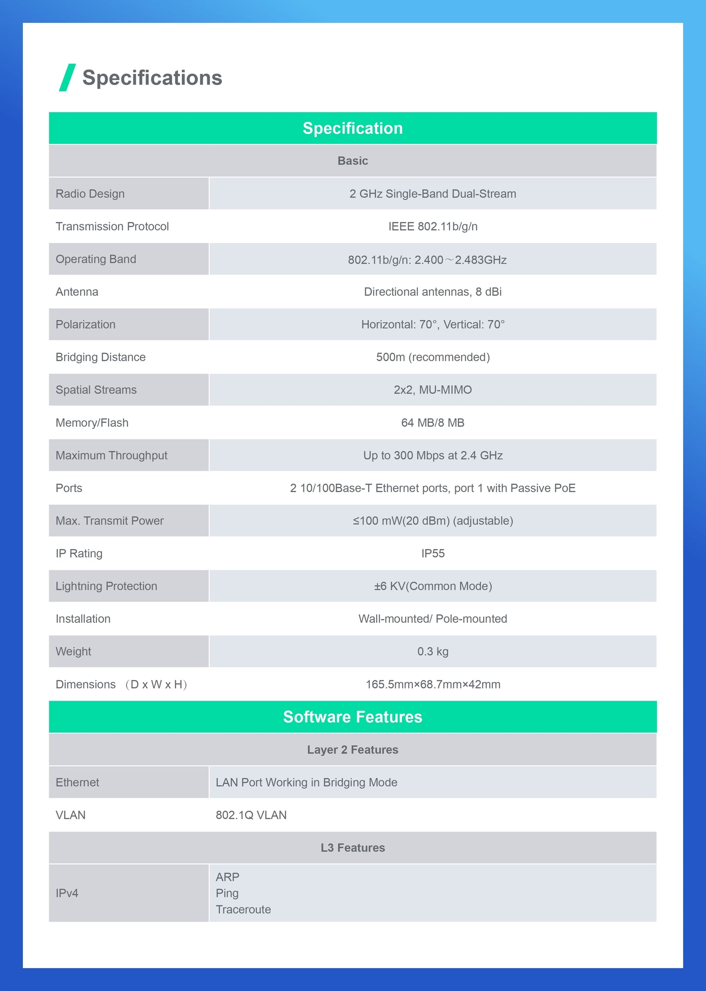 Reyee 2.4GHz 300Mbps 8dBi 70° Pre-Paired Kit | RG-EST100-E