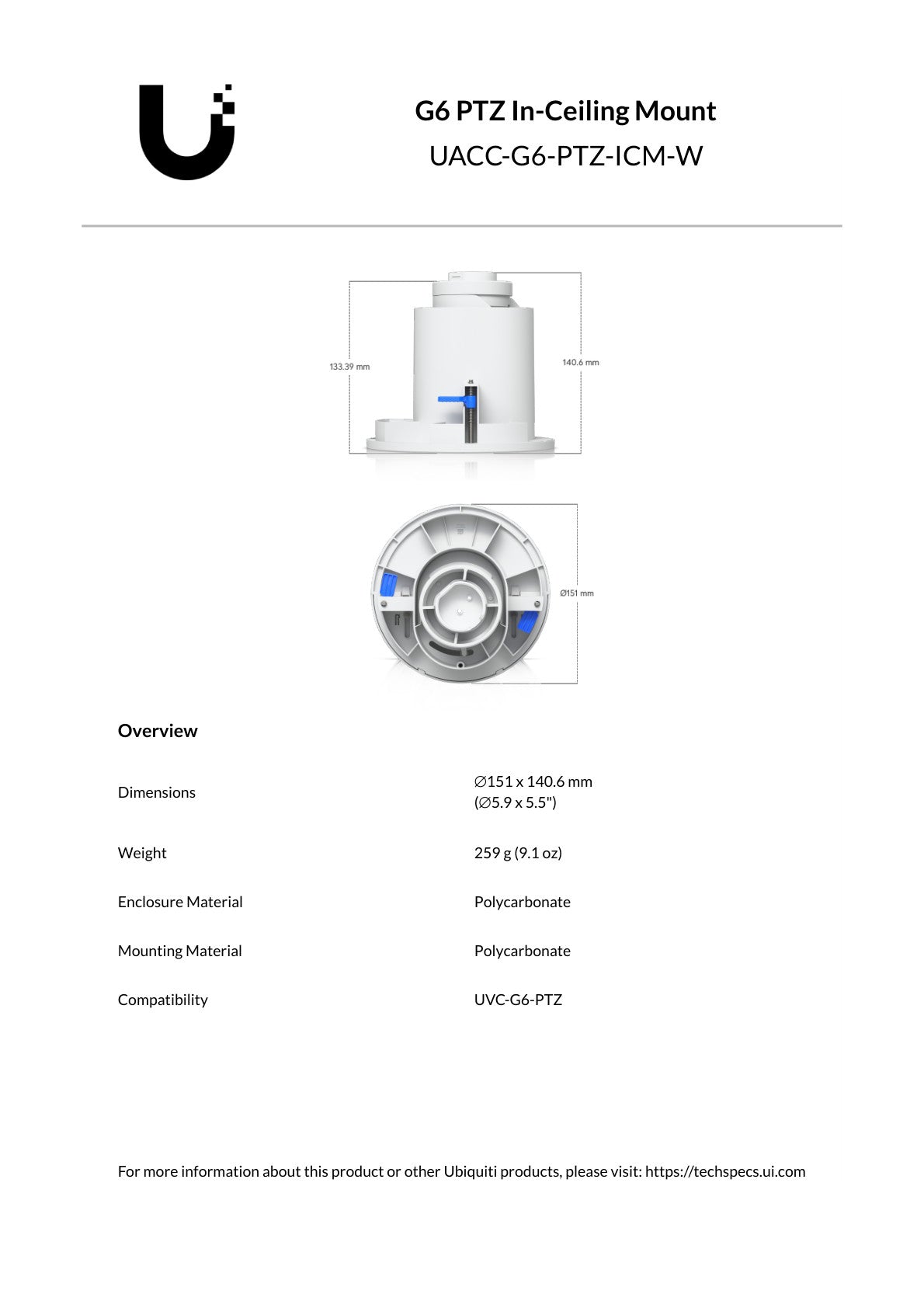 Ubiquiti UniFi Protect G6 PTZ White In-Ceiling Mount