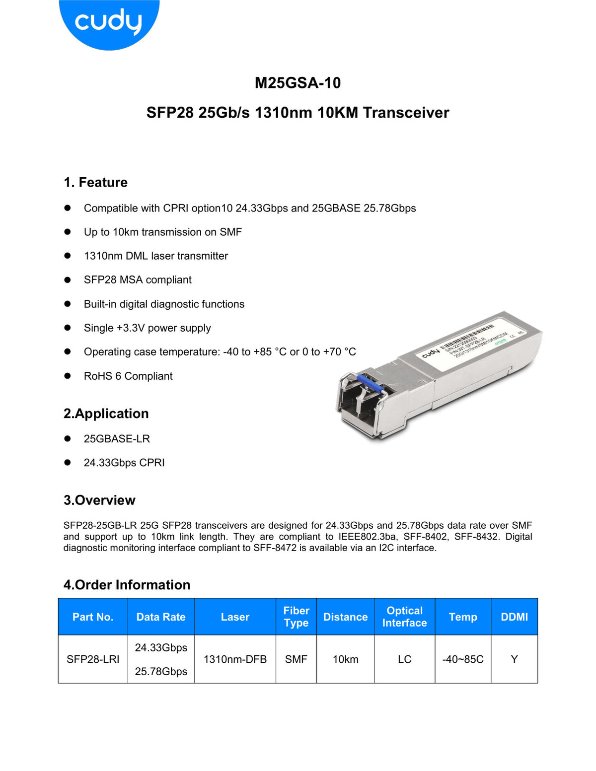 Cudy Single Mode 25G LC SFP28 1310nm 10km