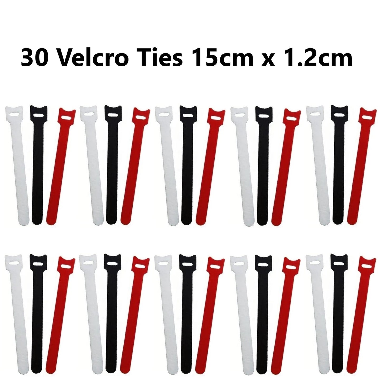 30 x Fastening Microfiber Cloth Cable Ties Reusable: Red, White, Black 15cm