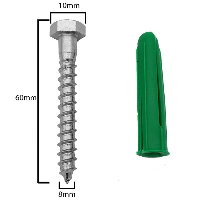 5 X Coach Screws Galvanized (65mm x 8mm) plus 5 X Wall Plugs combo.