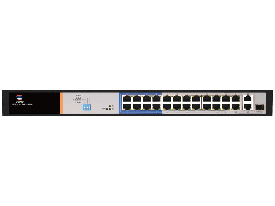 Scoop 24 Port Fast Ethernet AI PoE 250W 2 Gigabit 1SFP Switch