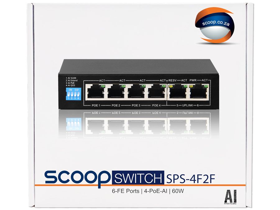 Scoop 6 Port Fast Ethernet 4 AI PoE 60W Switch