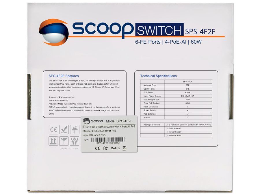 Scoop 6 Port Fast Ethernet 4 AI PoE 60W Switch