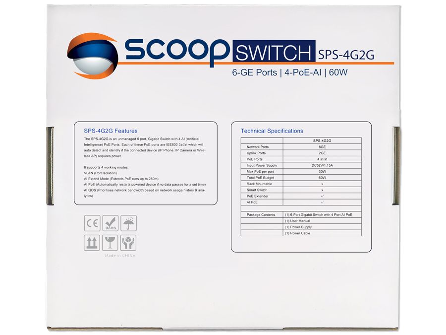 Scoop 6 Port Gigabit 4 AI PoE 60W Switch