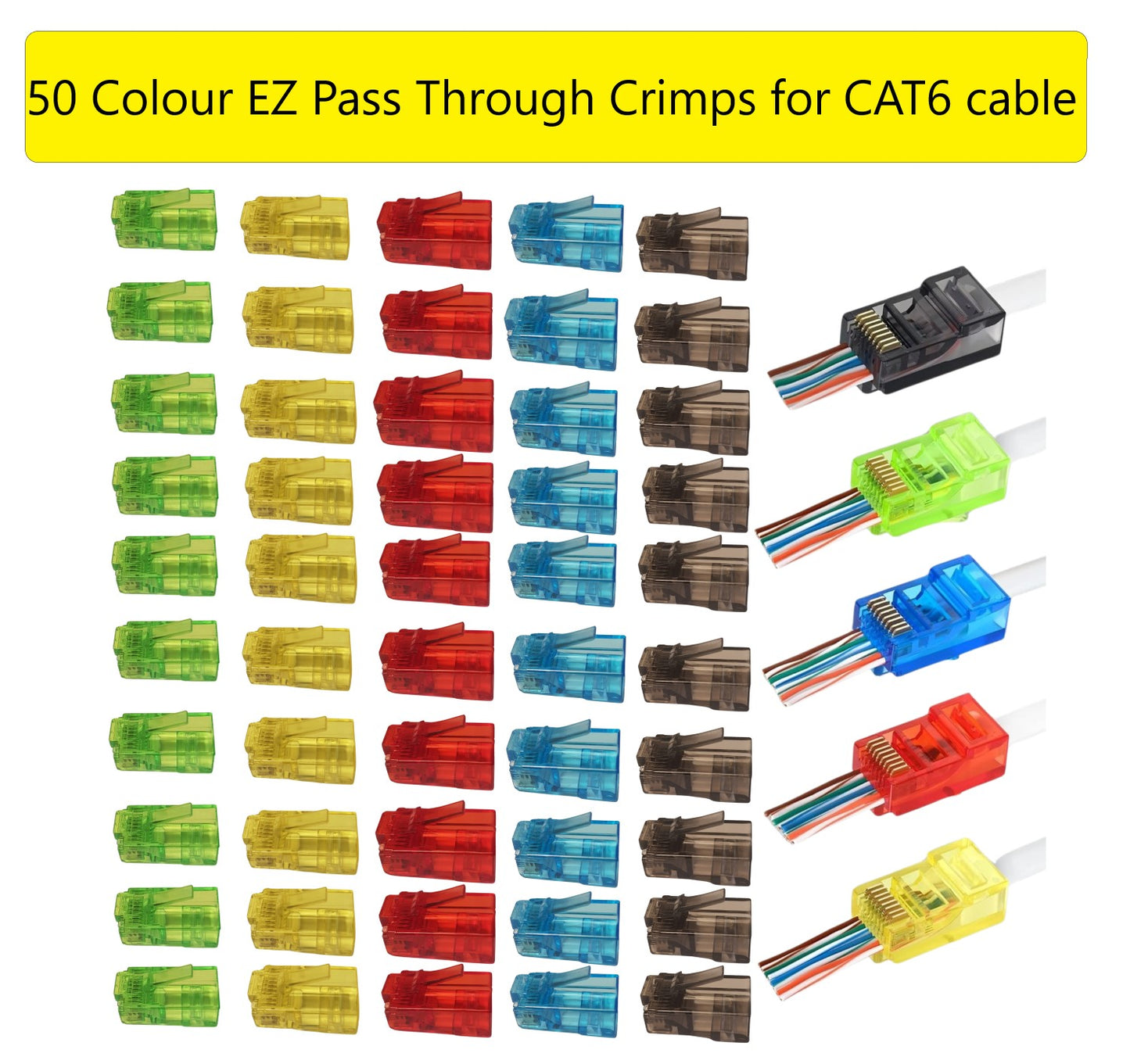EZ Pass Through Cat6 RJ45 Connectors (50 in a pack) Multi Colour
