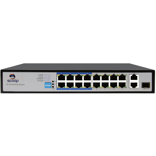 Scoop 16 Port Fast Ethernet AI PoE 150W 2 Gigabit 1SFP Switch